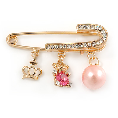 Medium Crystal Safety Pin Brooch with Charms In Gold Plated Metal - 50mm