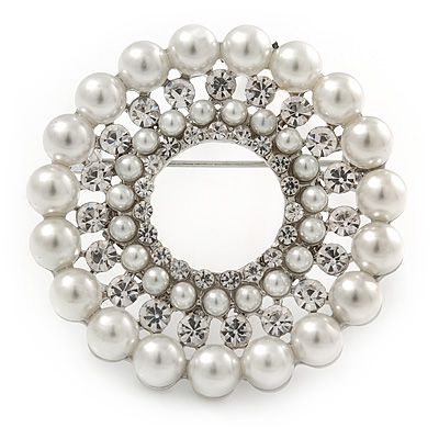 Clear Crystal, White Faux Glass Pearl Wreath Brooch In Silver Tone Metal - 40mm D