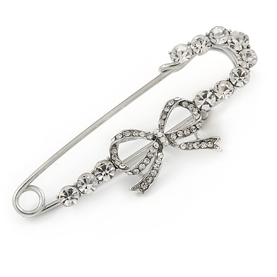 Silver Plated Clear Crystal Safety Pin Brooch With Bow Motif - 65mm L