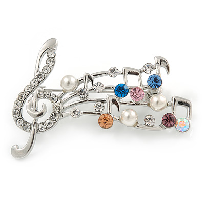 Silver Plated Multicoloured Crystal Musical Notes Brooch - 50mm L
