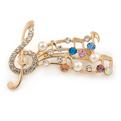 Gold Plated Multicoloured Crystal Musical Notes Brooch - 50mm L