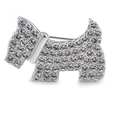 Little Doggy Crystal Brooch In Rhoduim Plated Metal - 30mm - main view