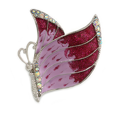 Pink/ Purple Enamel AB crystal Butterfly Brooch In Rhodium Plated Metal - 45mm