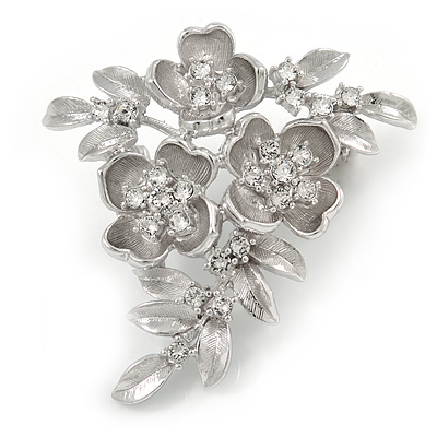 Romantic Floral with Clear CZ Accent Brooch In Silver Tone - 45mm Tall
