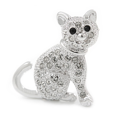 Small Clear Crystal Kitten Brooch In Rhodium Plated Metal - 28mm L