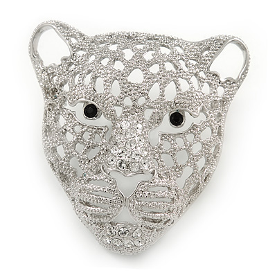 Statement Silver Plated, Crystal, Textured Cheetah Head Brooch - 45mm L
