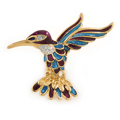 Small Enamel, Crystal Hummingbird Brooch In Gold Plated Metal (Purple, Teal) - 45mm W