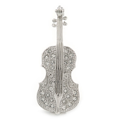 Clear Crystal Violin Brooch In Rhodium Plated Metal - 50mm L