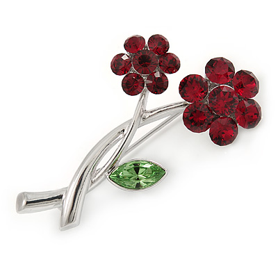 Two Cranberry/ Green Crystal Daisy Flowers Brooch In Rhodium Plating - 47mm L