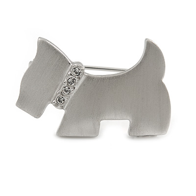 Cute Crystal Little Doggy Brooch In Satin Metal Finish - 30mm