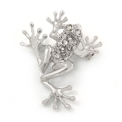 Small Funky Crystal Frog Brooch In Rhodium Plated Metal - 35mm L