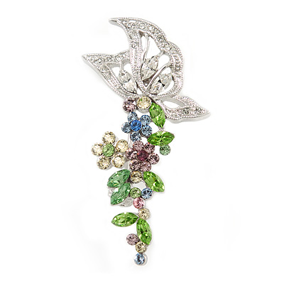 Multicoloured Crystal Butterfly and Flower Motif Brooch In Silver Tone Metal - 45mm L - main view