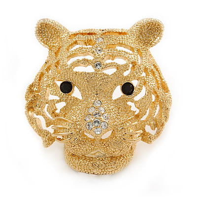 Statement Gold Plated, Crystal, Textured Tiger Head Brooch - 40mm L