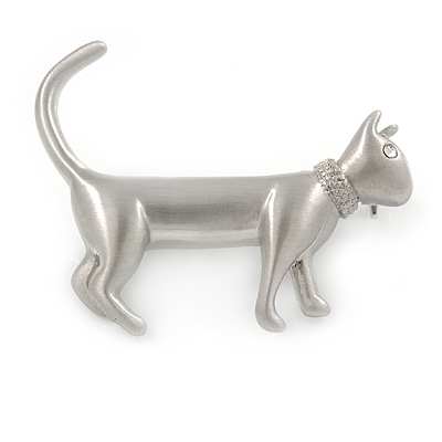 Small Brushed Silver Tone Cat Brooch - 35mm L