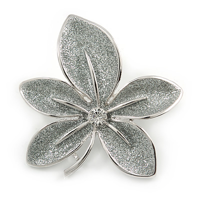 Rhodium Plated Silver Coloured Glitter Leaf Brooch - 40mm L