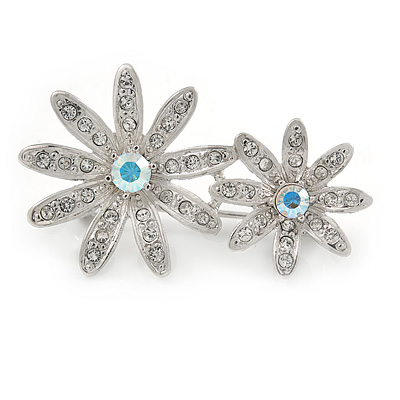Rhodium Plated Clear/ Ab Crystal Double Flower Brooch - 40mm W - main view