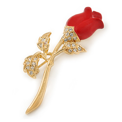 Small Clear Crystal Red Rose Brooch In Gold Plated Metal - 48mm L - main view