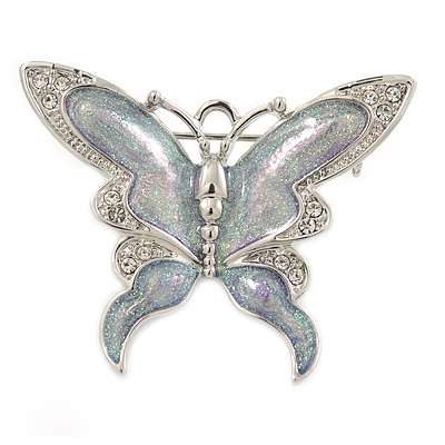 Rhodium Plated Glitter Butterfly Brooch - 43mm W