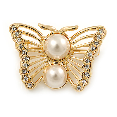 Small Gold Plated Crystal, Faux Pearl Butterfly Brooch - 30mm L