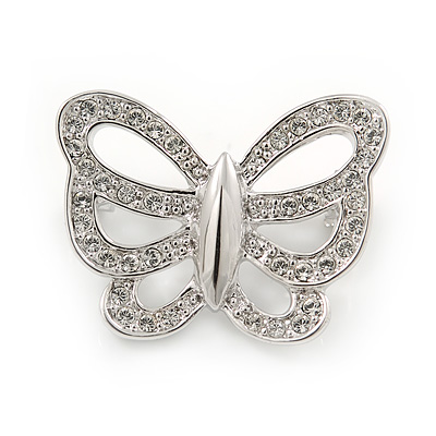 Small Rhodium Plated Crystal Butterfly Pin Brooch - 25mm