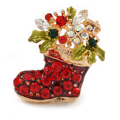 Crystal Christmas Stocking Brooch In Gold Plated Metal - 40mm L