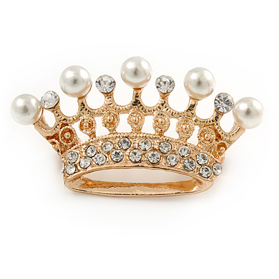 Clear Crystal Faux Pearl Crown Brooch In Gold Tone Metal - 45mm - main view