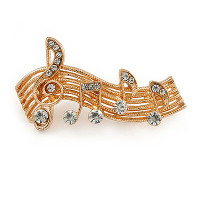 Clear Crystal Musical Notes Brooch In Gold Tone Metal - 42mm