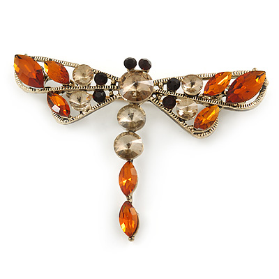 Vintage Inspired Amber/ Grey Crystal Dragonfly Brooch/ Pendant In Antique Gold Tone - 75mm