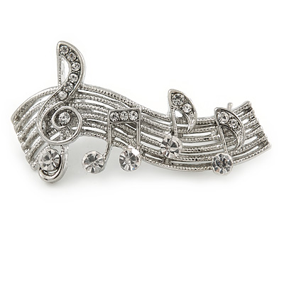 Clear Crystal Musical Notes Brooch In Silver Tone Metal - 42mm