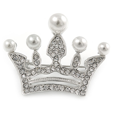 Clear Crystal Faux Pearl Crown Brooch In Silver Tone Metal - 40mm