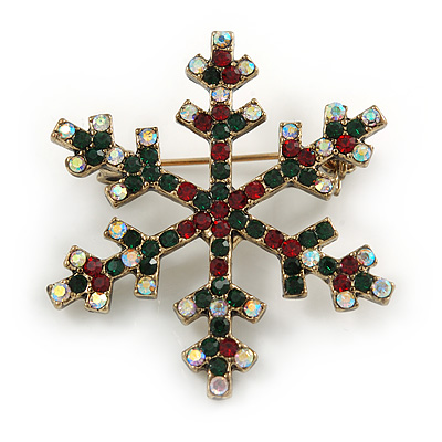 Vintage Inspired Green/ Ab/ Red Crystals Christmas Snowflake Brooch In Antique Gold Tone - 40mm