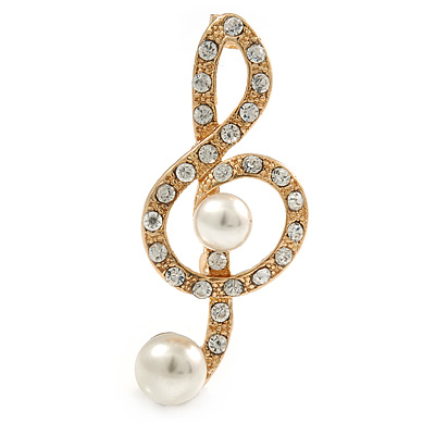 Gold Plated Diamante Faux Pearl Treble Clef Brooch - 50mm L