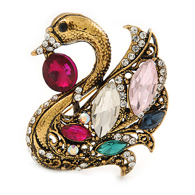Vintage Inspired Multicoloured Swan Brooch in Aged Gold Tone Metal - 45mm L