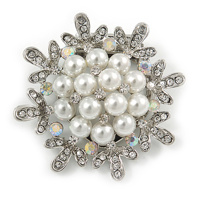 Silver Tone Clear Crystal, Faux Pearl Snowflake Scarf Pin - 45mm D
