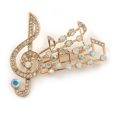 Gold Plated Clear/ Ab Crystal Musical Notes Brooch - 58mm W