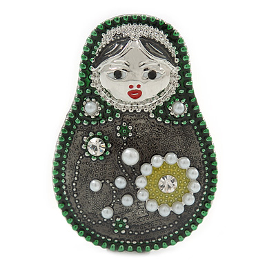 Quirky Green/ Grey Faux Pearl Bead Matryoshka/ Nested Russian doll Brooch/ Pendant In Silver Tone Tone - 40mm L