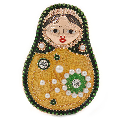Quirky Green/ Yellow Faux Pearl Bead Matryoshka/ Nested Russian doll Brooch/ Pendant In Rose Gold Tone - 40mm L