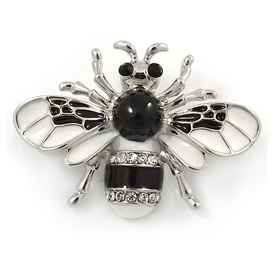 Small White/ Black Enamel Crysal Bee Brooch In Silver Tone - 35mm W - main view