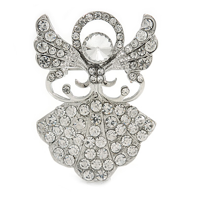 Clear Crystal Angel Brooch In Rhodium Plating - 45mm L - main view