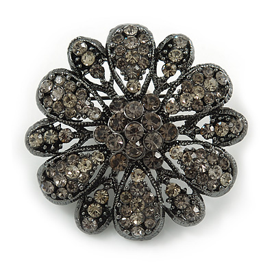 Vintage Inspired Grey Coloured Austrian Crystal Floral Brooch In Gun Metal Tone - 43mm D
