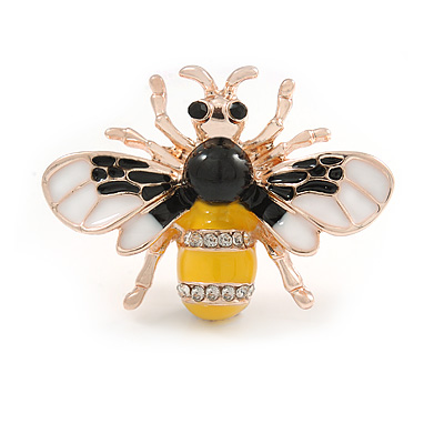 Small Yellow/ Black/ White Enamel Crysal Bee Brooch In Rose Gold Tone - 35mm W