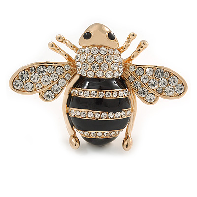 Large Gold Plated Clear Crystal with Black Enamel Bee Brooch - 55mm W - main view