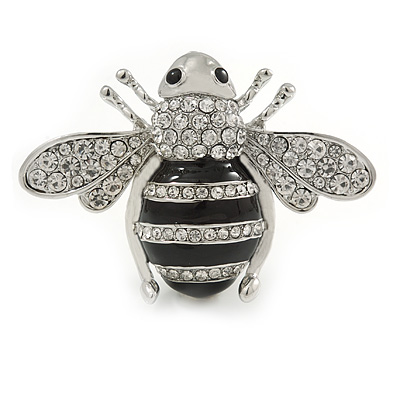 Large Rhodium Plated Clear Crystal with Black Enamel Bee Brooch - 55mm W - main view