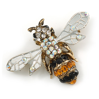Vintage Inspired Crystal Bee Brooch/ Pendant in Antique Gold Tone - 45mm Across
