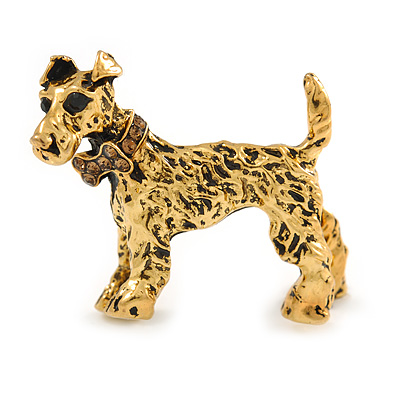 Vintage Inspired Crystal Dog Brooch In Antique Gold Tone Metal - 40mm Across