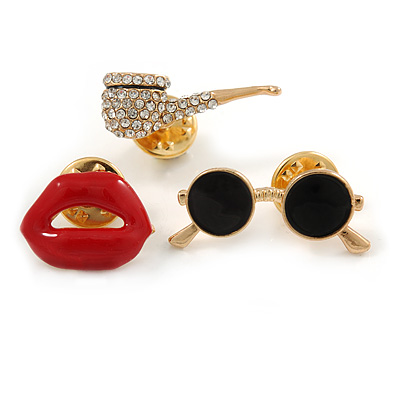 3 Pcs Funky Enamel Glasses, Lips, Pipe Brooch Set for Clothes/ Bags/ Backpacks/ Jackets - 30mm