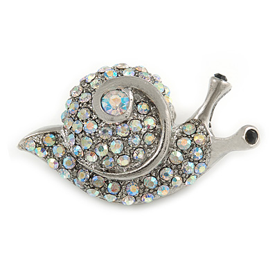 Small Cute AB Crystal Snail Brooch In Silver Tone Metal - 35mm Across