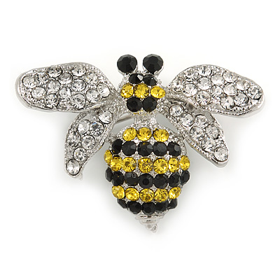 Small Clear/ Black/ Yellow Crystal Bee Brooch In Silver Tone Metal - 35mm Across
