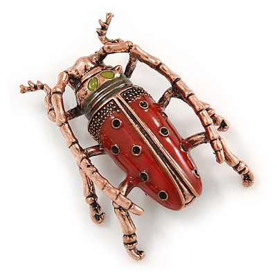 Vintage Inspired Red Enamel Bug Brooch In Bronze Tone Metal - 50mm Tall