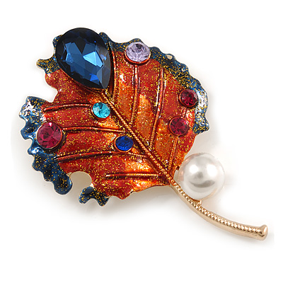 Vintage Inspired Multicoloured Crystal Enamel Leaf Brooch/ Pendant In Gold Tone - 74mm L